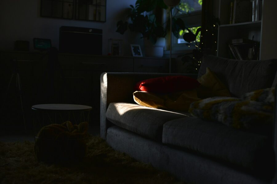 Living room smoke detector fire extinguisher couch
