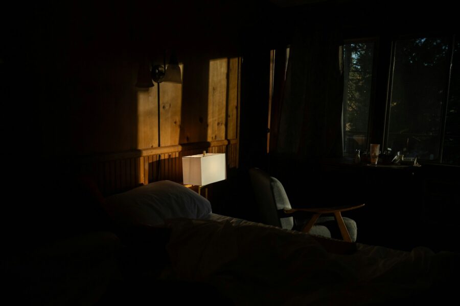 Morning light bedroom window coffee notebook