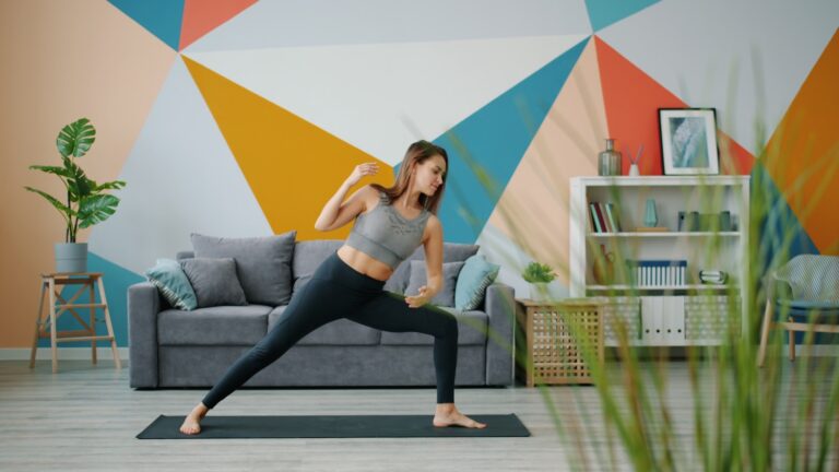 Person stretching living room yoga mat woman walking