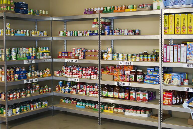 Canned beans rice grains pantry shelves
