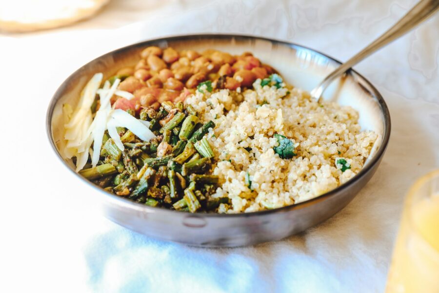Healthy pantry lunch bowl grain beans vegetables