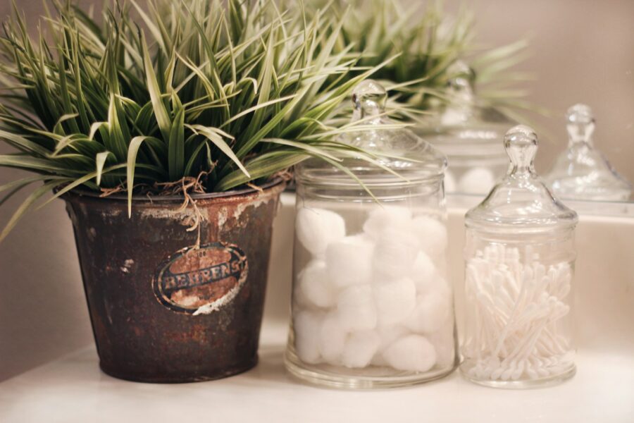 Small bathroom shelves towels plant