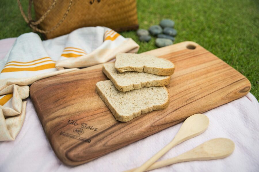 Stale bread cubes wooden board