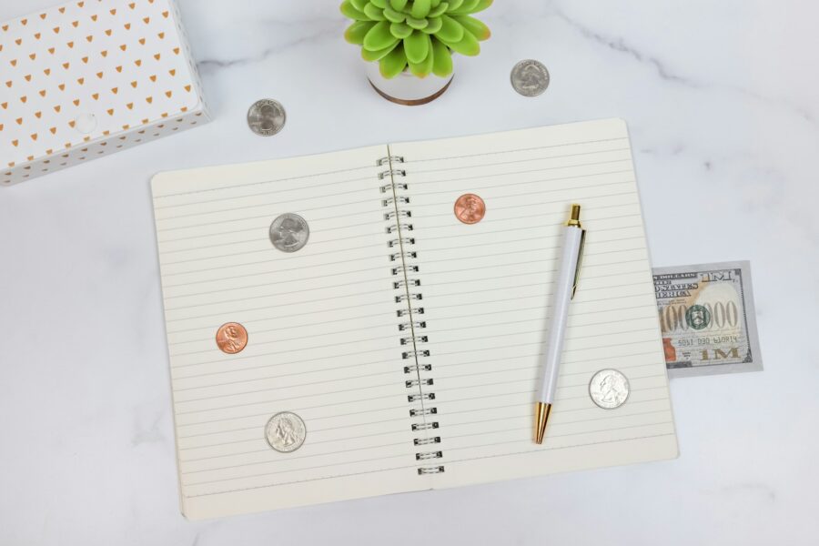 Calendar notebook pen coins table