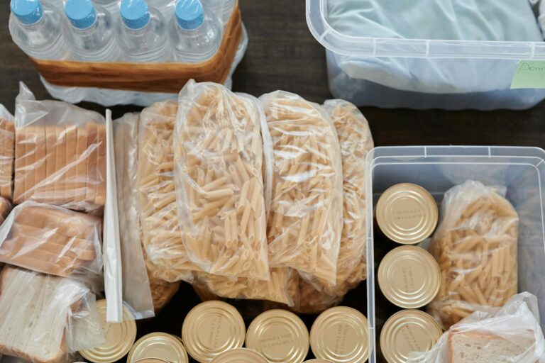 Pantry shelf dry pasta canned tomatoes pasta vegetables