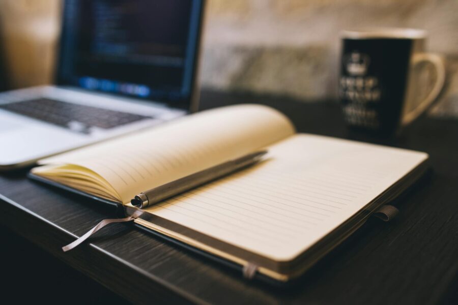 Evening desk lamp notebook pen mug