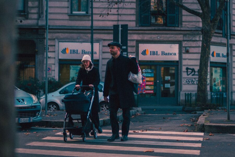Family walking city