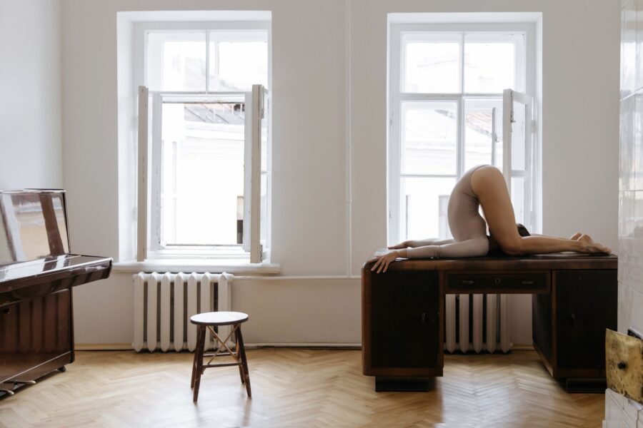 Person stretching desk