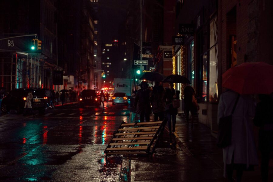 Rainy street umbrellas