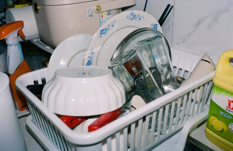 Stacked dishes drying