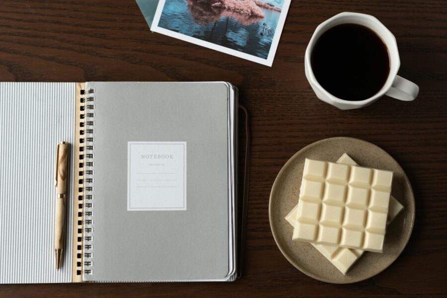 Morning light kitchen table coffee notebook