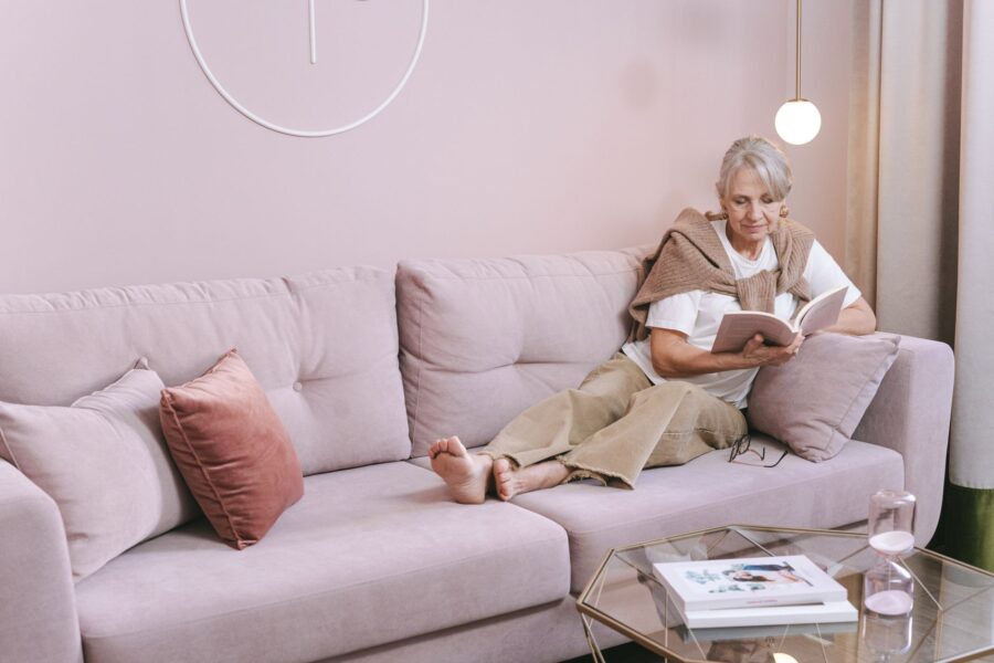 Person relaxing sofa